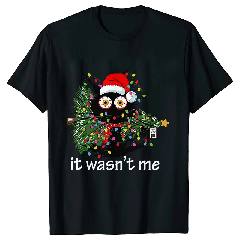 It Wasn's Me Christmas Cat Male Clothing Christmas Tree Casual Fashion Xmas Aesthetic Short Sleeve Tees Cartoon Men T-Shirt