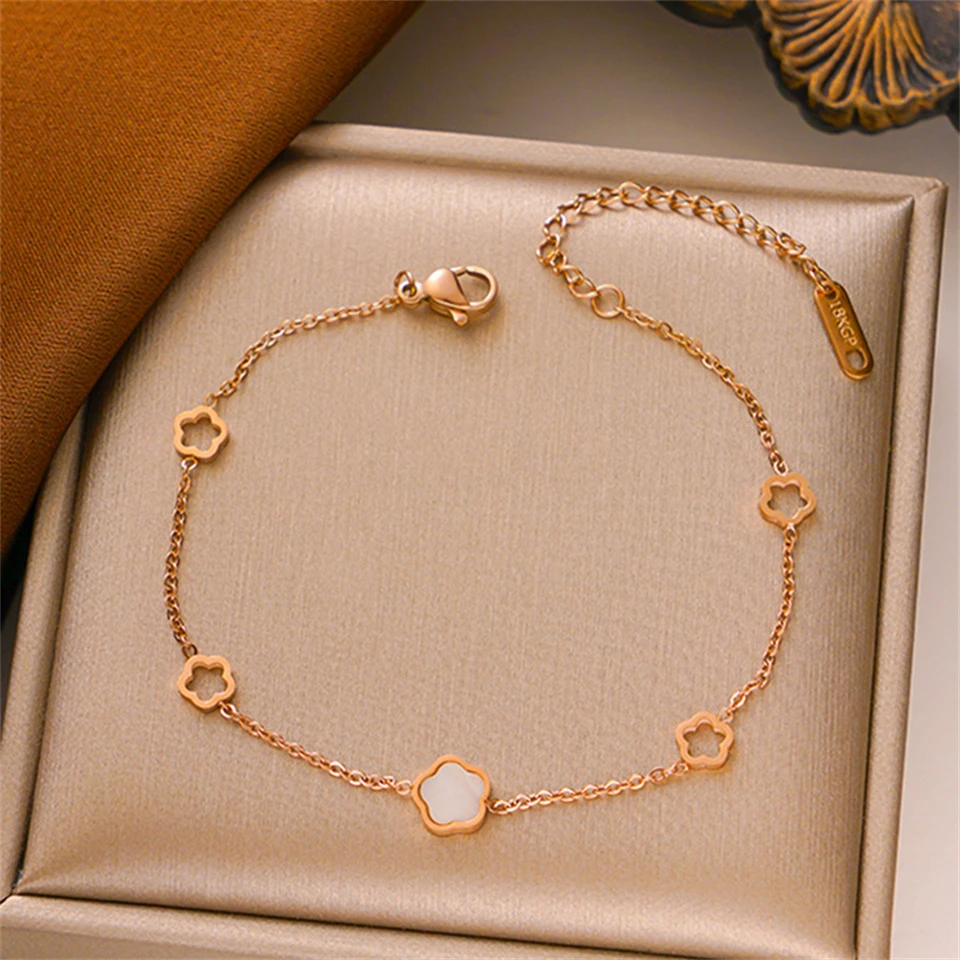 UILZ Simple 304L Stainless Steel Flower Bracelet For Women Golden Plum Blossom Temperament Bracelet Daily Workday Jewelry Gift image 2