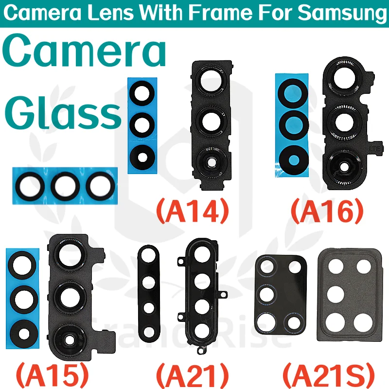 Lente de vidrio de cámara trasera para Samsung A14 A15 A16 A21 A21S, lente de vidrio con marco y adhesivo, pieza de repuesto