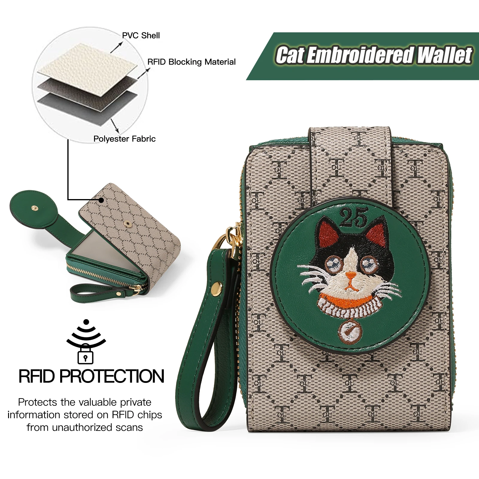 TOUTOU Kawaii Cartoon Cat Graphic Wallet RFID Blocking Front Pocket Card Holder Coin Purse With Zipper