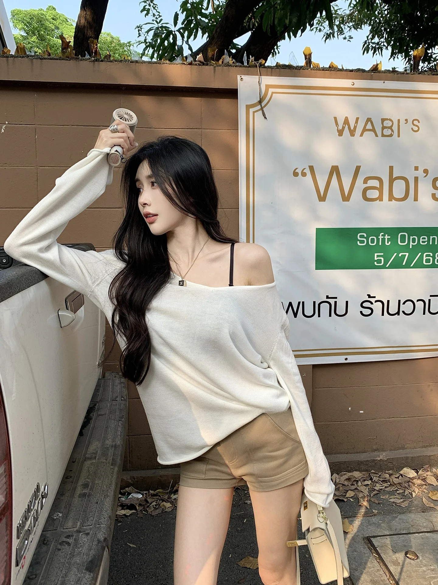 

Loose oulder Lace Hollow out Woolen Knit Top by He Chenxi Spring Summer Nylon Silk Blend Long Sve Casual Women's Top