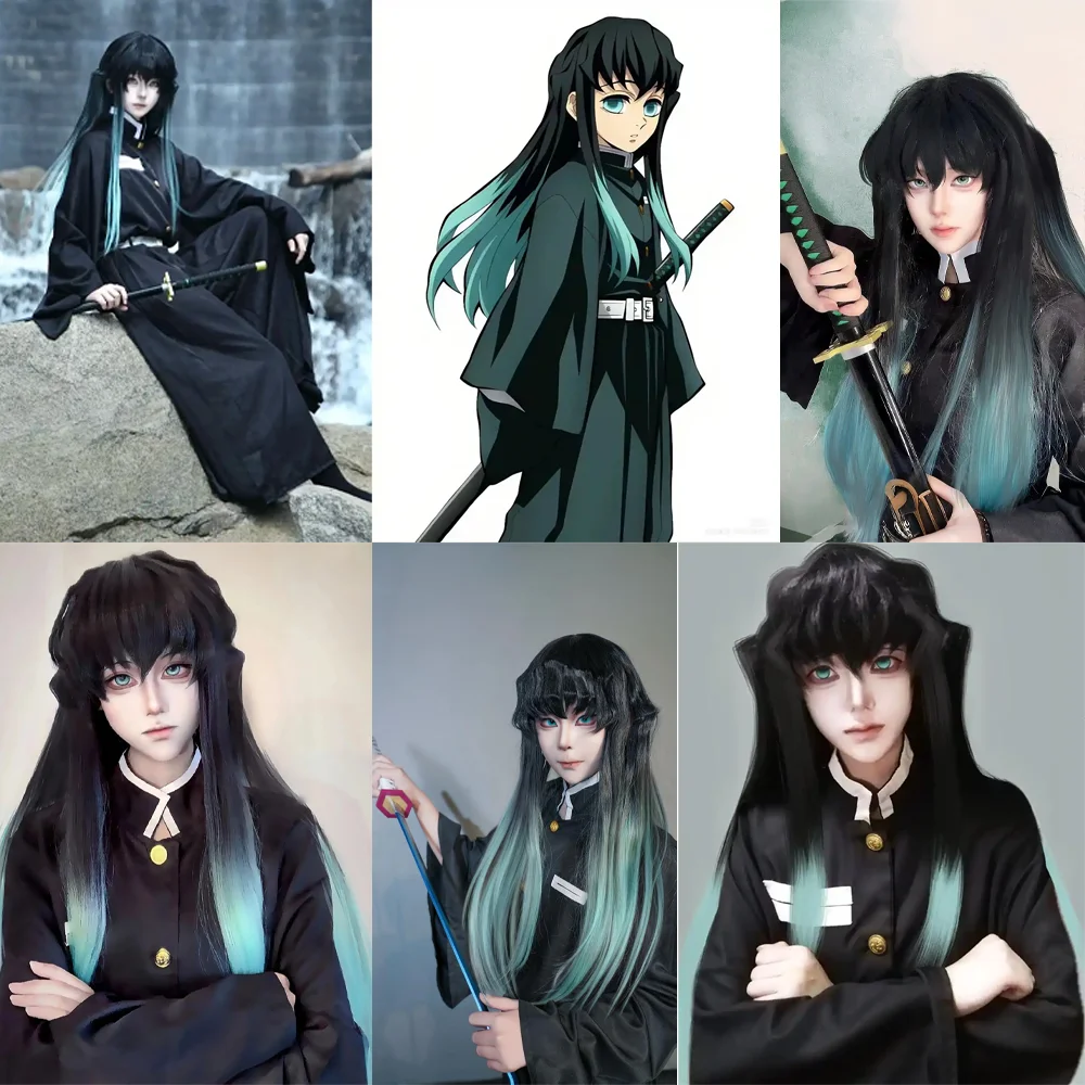 Anime Muichiro Tokito Cosplay Synthetic Hair 30-Inch Straight Hair Black And Green Gradient Heat-Resistant Wig With A Ponytail