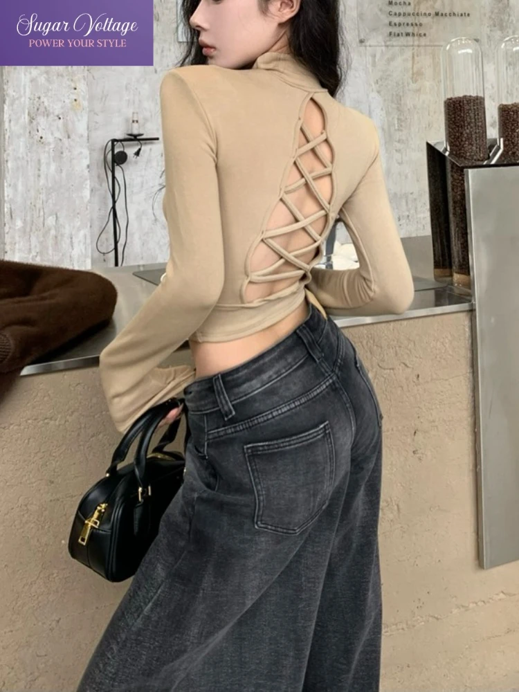

Autumn New Korean Fashion Spice Girls Short Tops Women Slim Semi-High Collar Backless Strap Shirts Casual Retro Elegant Blouse