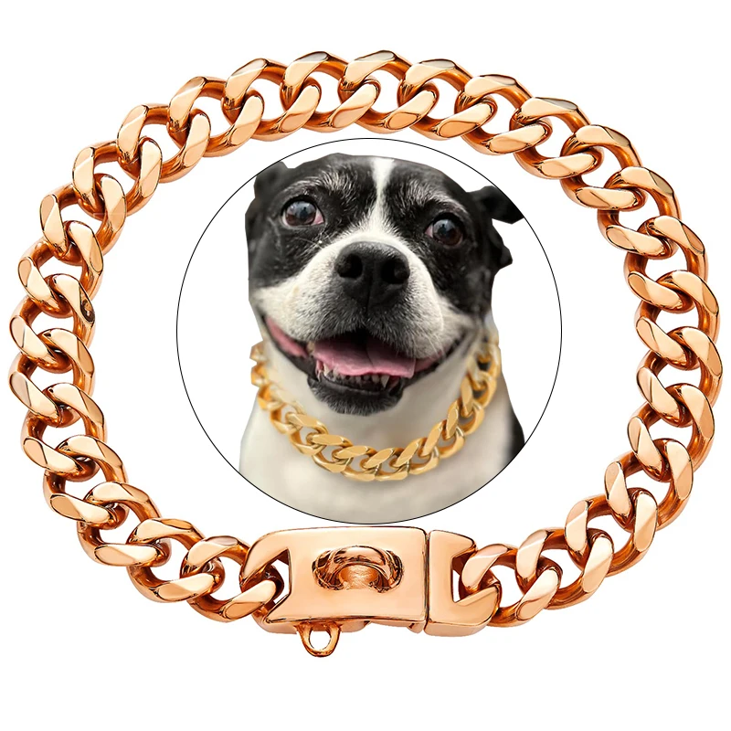 

19MM Chew Proof Stainless Steel Gold Dog Chain Collar with Solid Buckle Pet Chains Collars for Large Dog