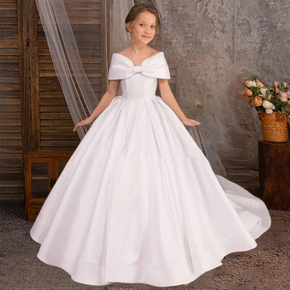 

Satin Big Bow Trailing Girls Wedding Bridesmaid Prom Dress Elegant Princess First Communion Party Dresses for Girl Evening Gown