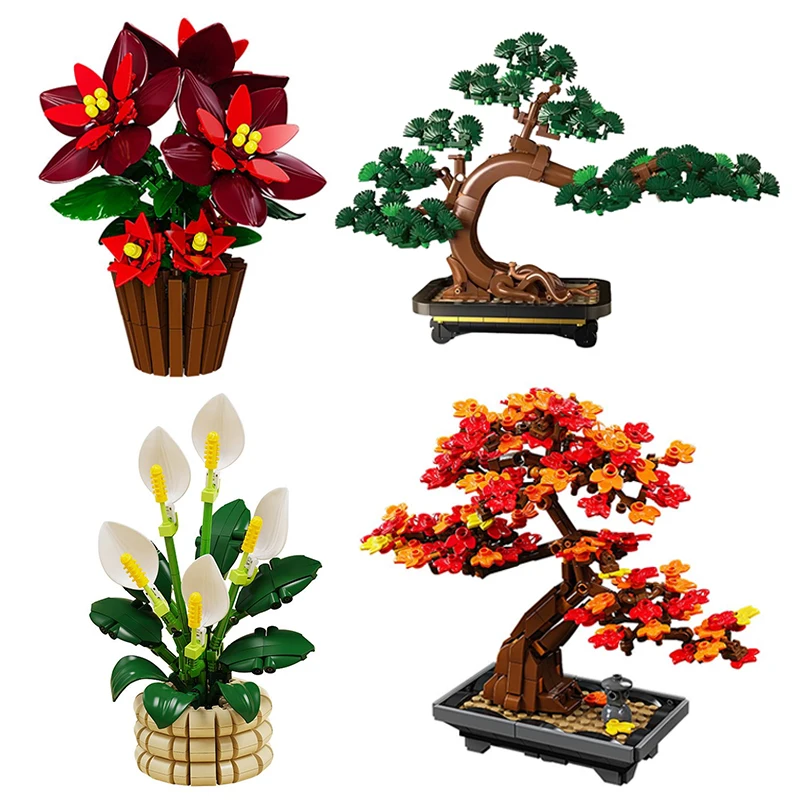 Poinsettia Bonsai Building Blocks Set Creative Maple Leaf Pine Tree Simulation Plants Desktop Decor Bricks Toys for Adults Gifts