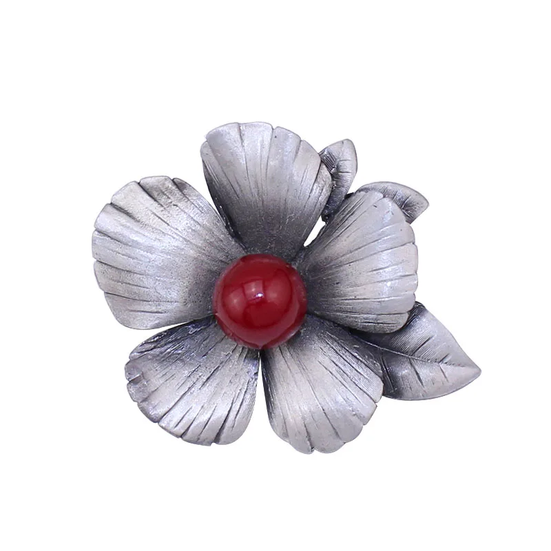 Vintage Flower Brooch With Red Faux Pearl Center And Rhinestone Inlay Antique Tin Alloy Women Coat Pin Jewelry Brooch hot