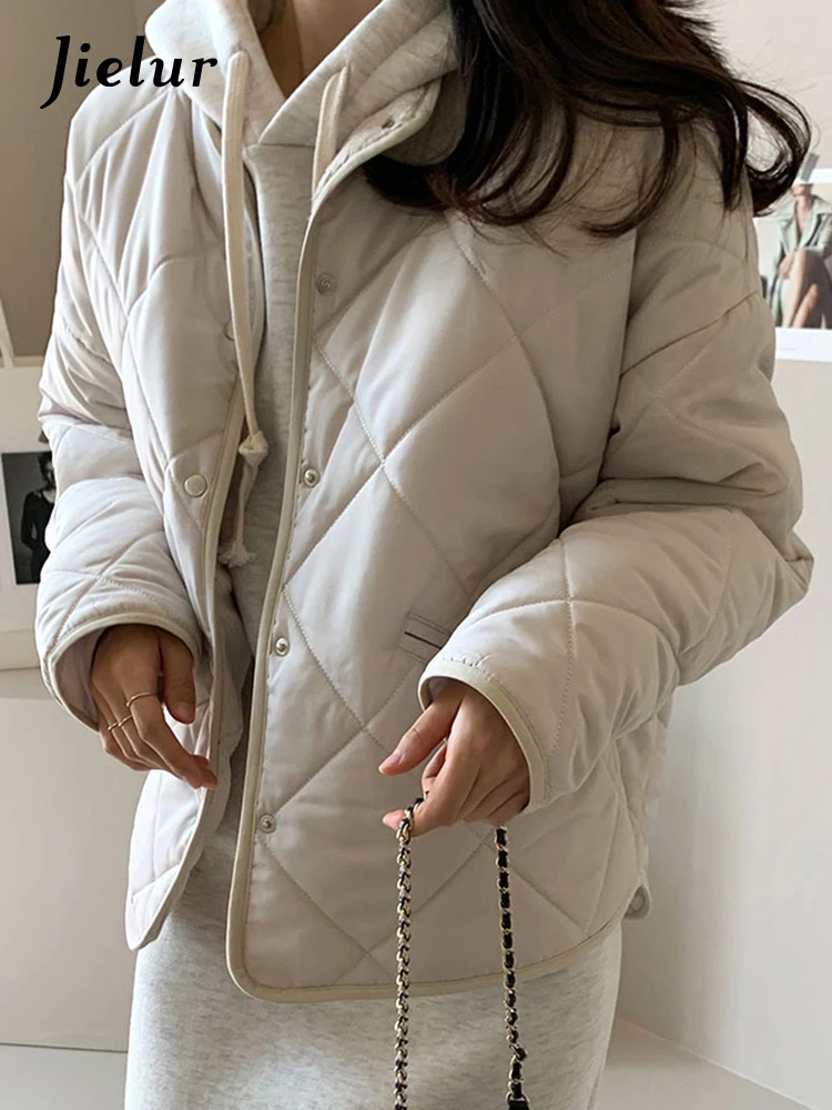 Jielur Chic O-neck Winter Casual Women Parkas Pure Color Simple Loose Thick Single Breasted Fashion Female Coats Office Lady