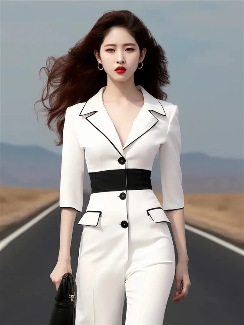 2025 New High-end Feeling Straight Tube High Waist Slimming Fashion Contrasting Color Jumpsuit For Women Spring Autumn Trousers