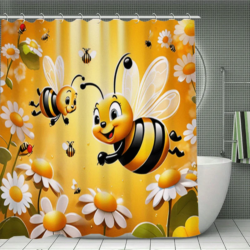 

Shower Curtain Cute Yellow Bee Flowers Flannel Sponge Shower Curtain Bathroom Dry and Wet Separation Bathroom Decoration
