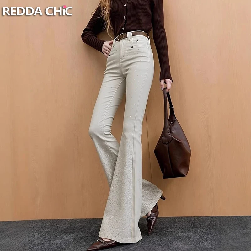 ReddaChic Glitter Khaki Jeans for Women Trendy Retro Stretchy High Waist Bootcut Rhinestone Demin Pants Going Out Everyday Wear