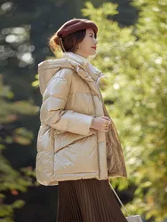 White Duck Down Coats for Women, Drawstring Hooded Waist Jackets, Stylish and Warm Outwear, Winter Clothing