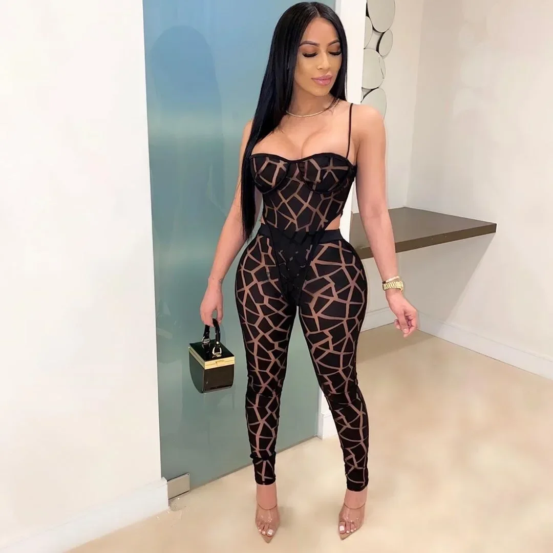 Sheer Mesh Plaid Print 2-teiliges Set Damen Rave Festival Kleidung Trägerloser Body Top und Legging Hose Sexy Club Outfits Sommer