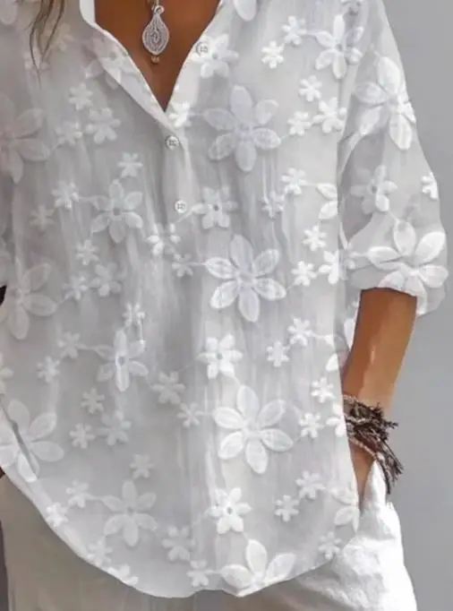 قميص الربيع والخريف بسيط كاجوال بلون سادة ورقبة على شكل حرف V وأكمام قصيرة للنساء