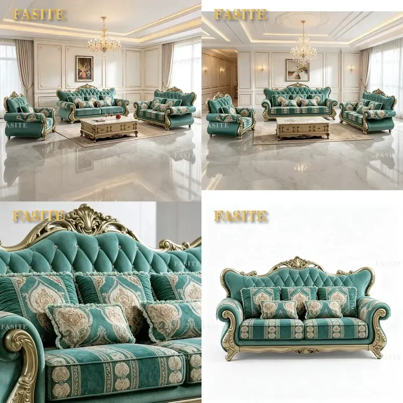 For French Style Royal Luxury Sectional Sofa Set 1 2 3 Seater Villa Furniture Solid Wood Carving Vintage Classic Living Room