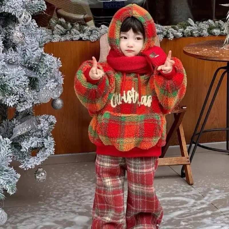 Kawaii النسخة الكورية كنزة بغطاء رأس من الصوف مجموعة الفتيان الفتيات مقنعين Kawaii معطف غير رسمي القمم صغيرة متوسطة الحجم الأطفال السراويل قطعتين #1