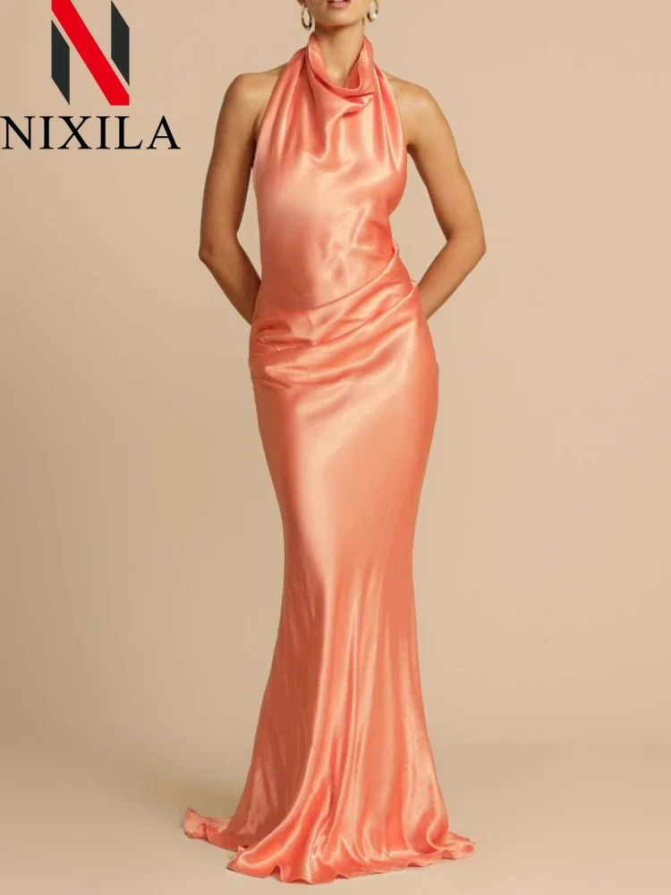 夏のサテンノースリーブミディドレス女性のセクシーなスリップイブニングパーティードレスエレガントなストリートロング女性のファッション新着