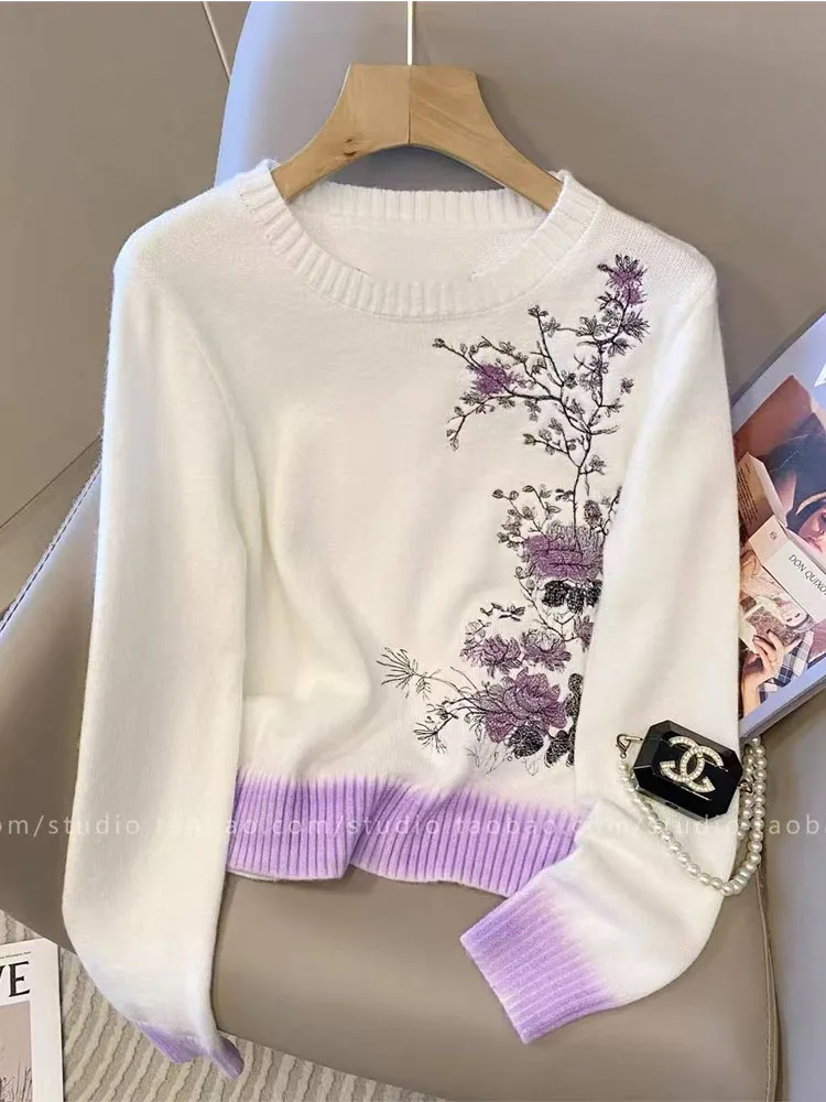 

Vintage Embroidered Knit Sweater For Women 2025 Autumn Winter Long Sleeve O-neck Pullover Tops Stylish Chic Elegant Ladies Jumpe