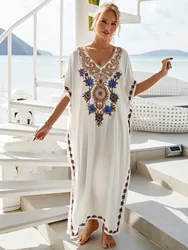 Causal Embroidered V-neck Plus Size Kaftan Dress For Women Boho Clothes Beach Wear Maxi Dresses Robe