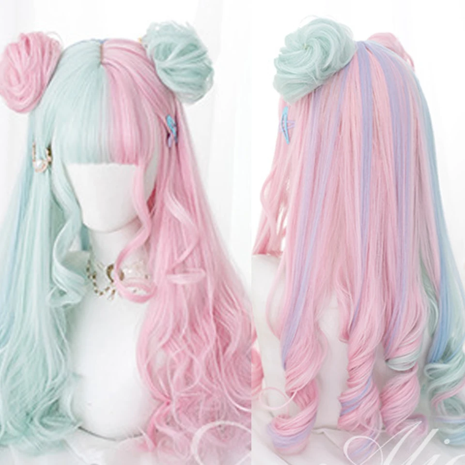 Wig sintetis jahitan merah muda dan hijau Ombre, Wig gelombang alami Cosplay Lolita panjang dengan poni tahan panas