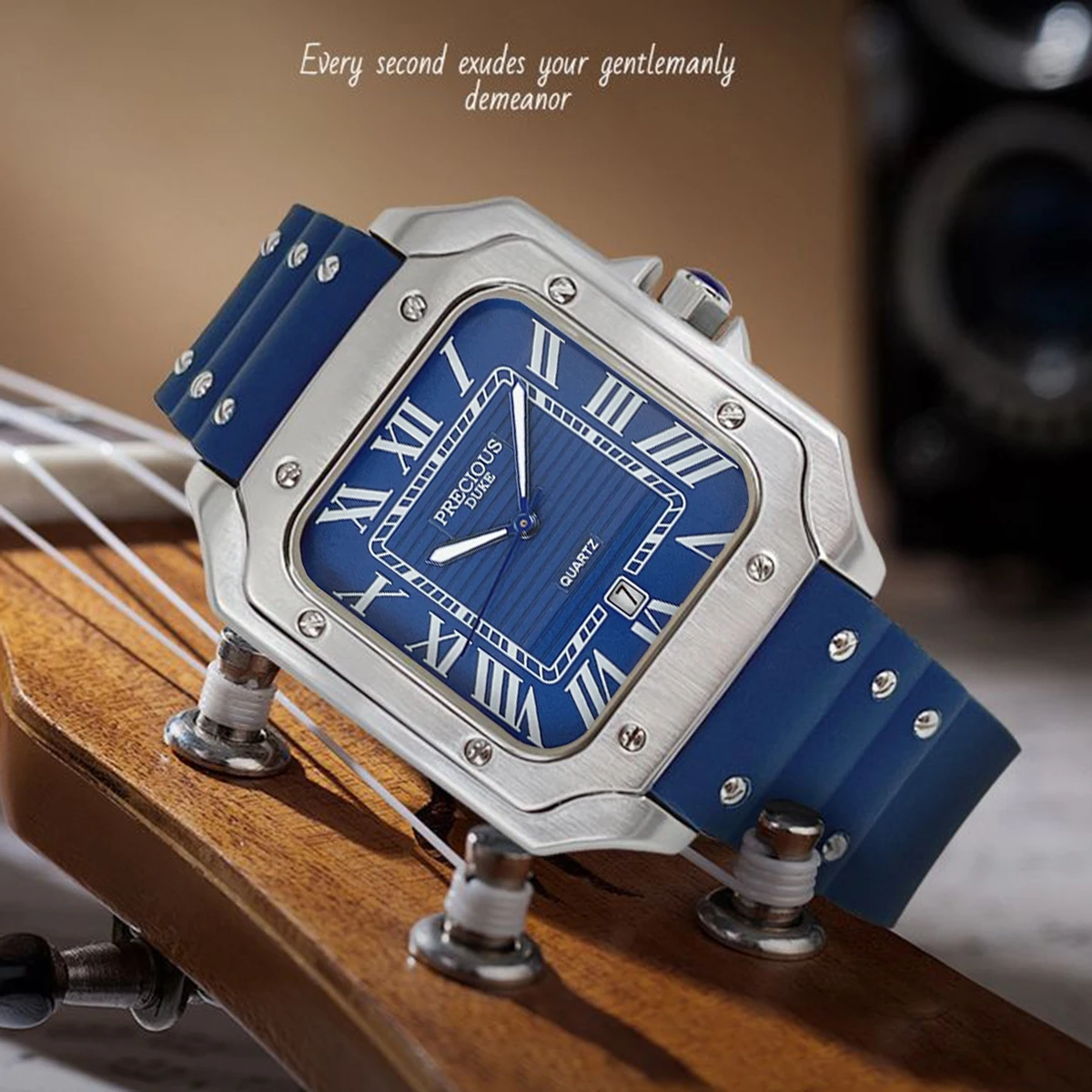 2025 Men's Luxury Square Quartz Watch Stainless Steel Rubber Band Roman Numeral Calendar Watch British Brand Watch