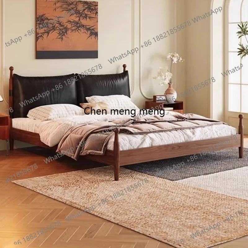 

French retro solid wood leather bed master bedroom antique ash wood double soft bag bed