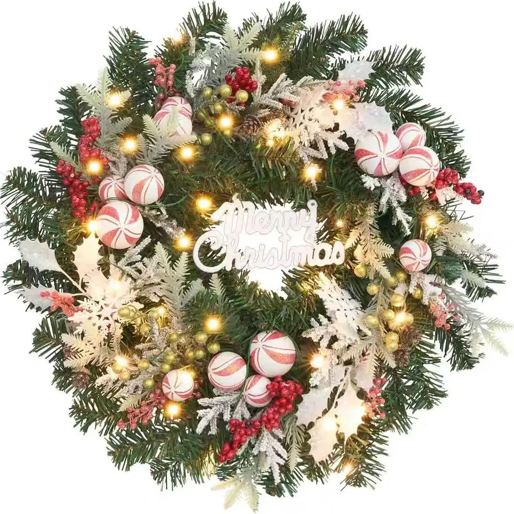 30 LED Lighted Christmas Wreath with Timer, 22-Inch Pre-Lit Winter Door Decoration for Mantel and Stairs