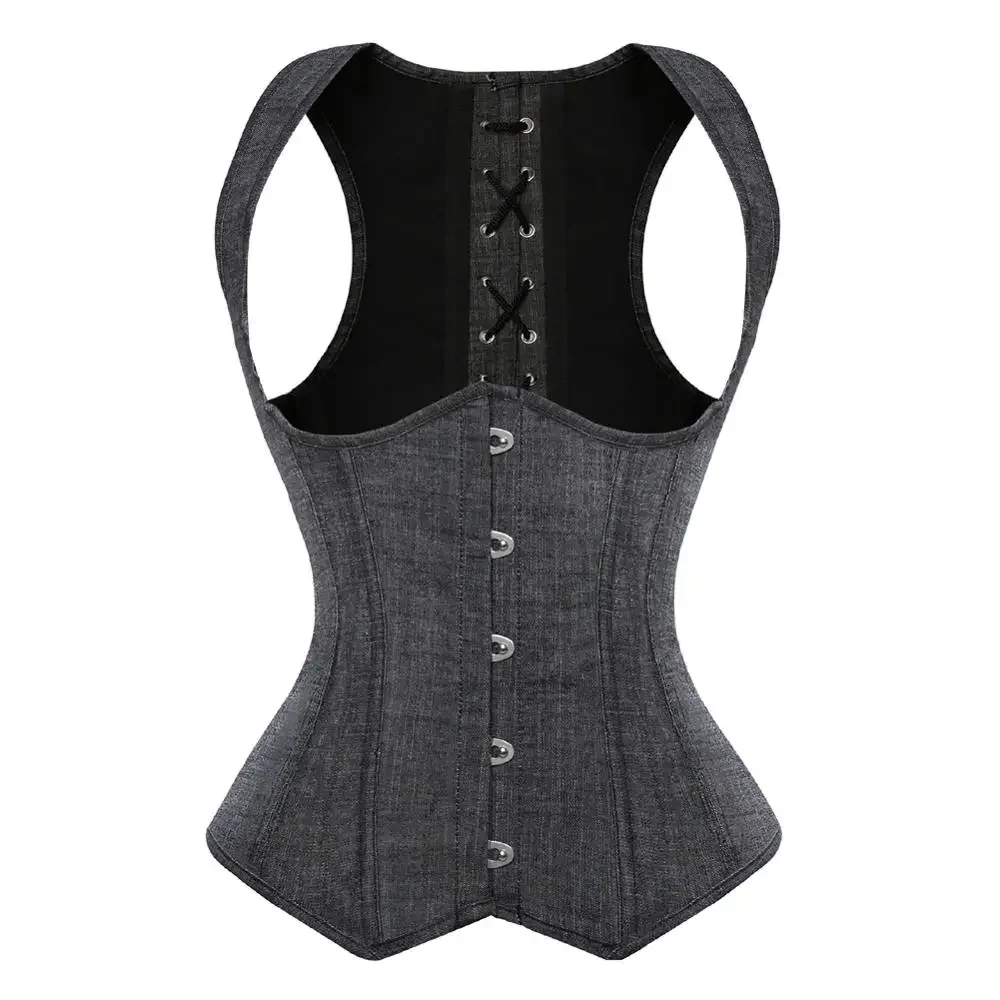 Underbust Corset Women's Denim Tight Lace up Boned Cowgirl Corsets Straps Vest Steampunk Plus Size Dance Party Bustier Costume