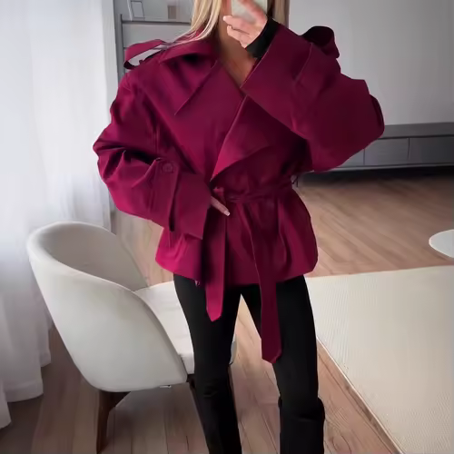 F New Fashion Lace up Cropped Trench Coat Women Lapel Long Sleeves Wide Shoulder Windbreaker Jacket Fall Commuting Daily Jackets - Image 7