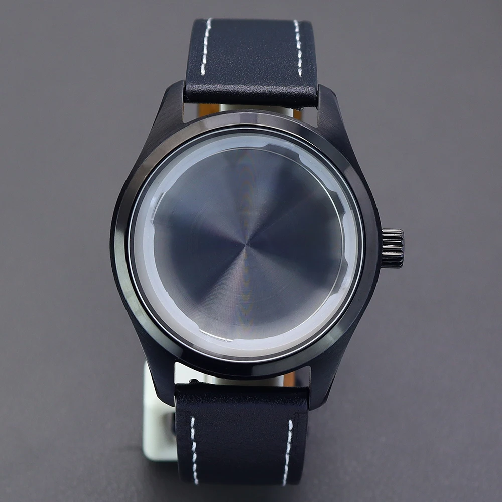 40mm NH35 시계 스테인리스 스틸 케이스 가죽 스트랩 (nh34, nh35, nh36, nh38, 4R36, ETA 2824 무브먼트 호환) 실버/블랙 케이스 방수