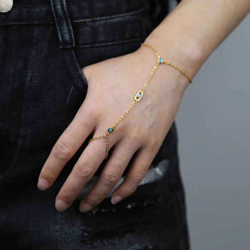 New Link Chain Ring Bracelets for Women Paved Turquoise and White Cubic Zirconia Gold Platinum Plated Color Fashion Jewelry