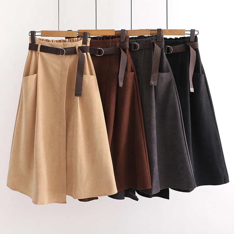 Retro solid color casual literary pocket high waist slim irregular belt belt midi skirt black one size