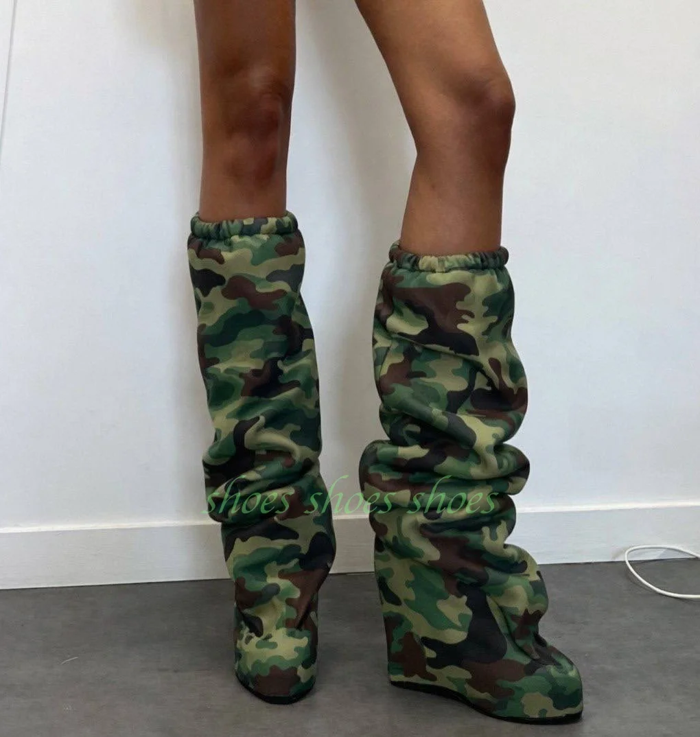 Lady Bohemian Green Wedges Heel Knee Boots Platform Runway Pleated Design Gladiator Style Boots Print Camouflage Design Boots 46
