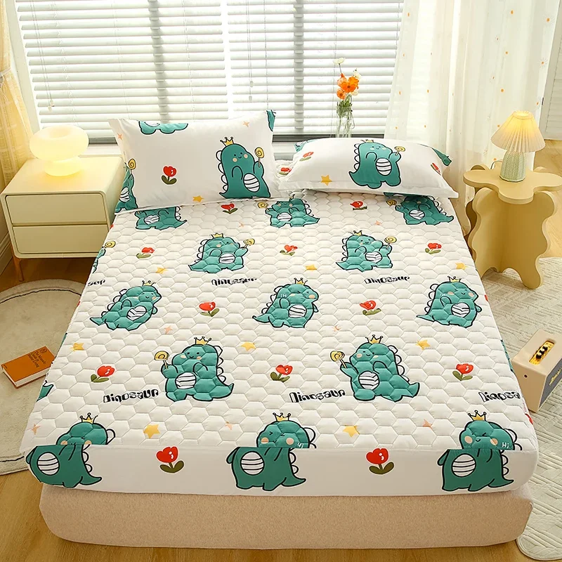 Cartoon Quilted Fitted Sheet Set,Cute Dinosaur Bed Mattress Cover, Soft Breathable Warm Mattress Protector with 11