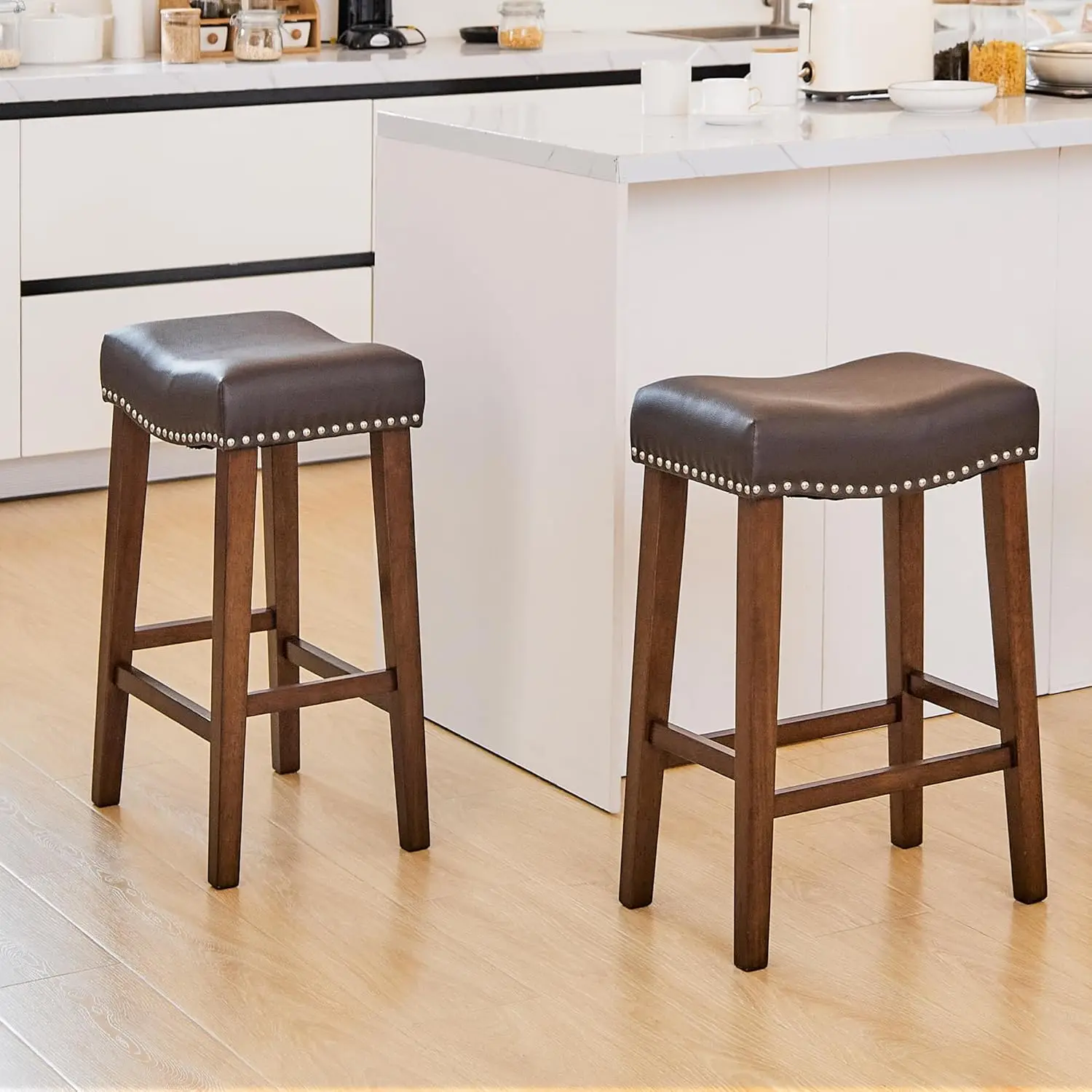 

Counter Height Bar Stools Set Of 2 - Backl Barstools With 4.3"" Thi Upholstered, Nailhead Trim Faux Leather & Solid Wood Legs,