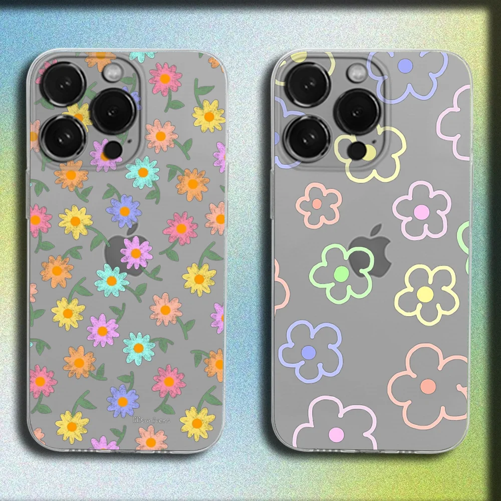 

Colorful Flowers Cartoon Pattern Phone Case For iPhone 16,15,14,13,12,11 Plus,Pro,Max,XR,XS,Plus,E,Mini Transparent Soft Cover