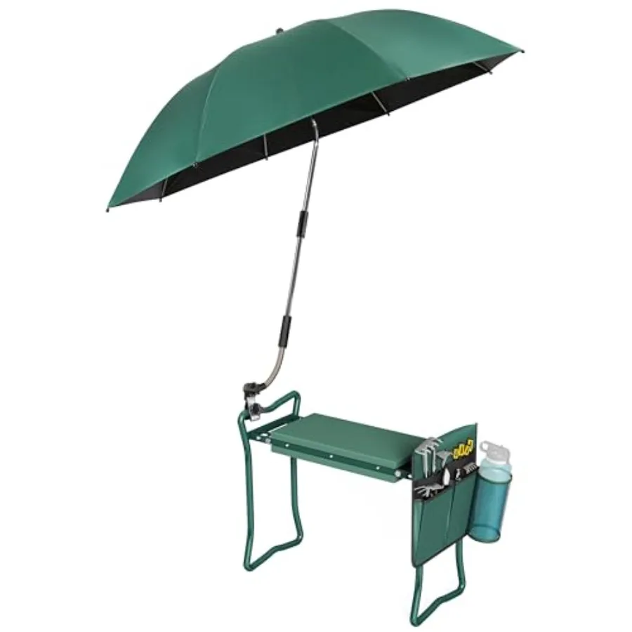 2-in-1 Garden Kneeler with Umbrella Garden Kneeling Bench and Green Umbrella Portable Garden Stool Loads Capacity 330lb and Gar