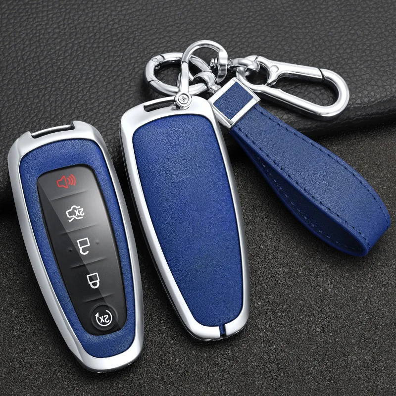 Zinc Alloy + Leather Car Key Case Cover for Ford Edge Explorer Escape Focus Taurus Flex Lincoln Navigator 5 Buttons Remote Key