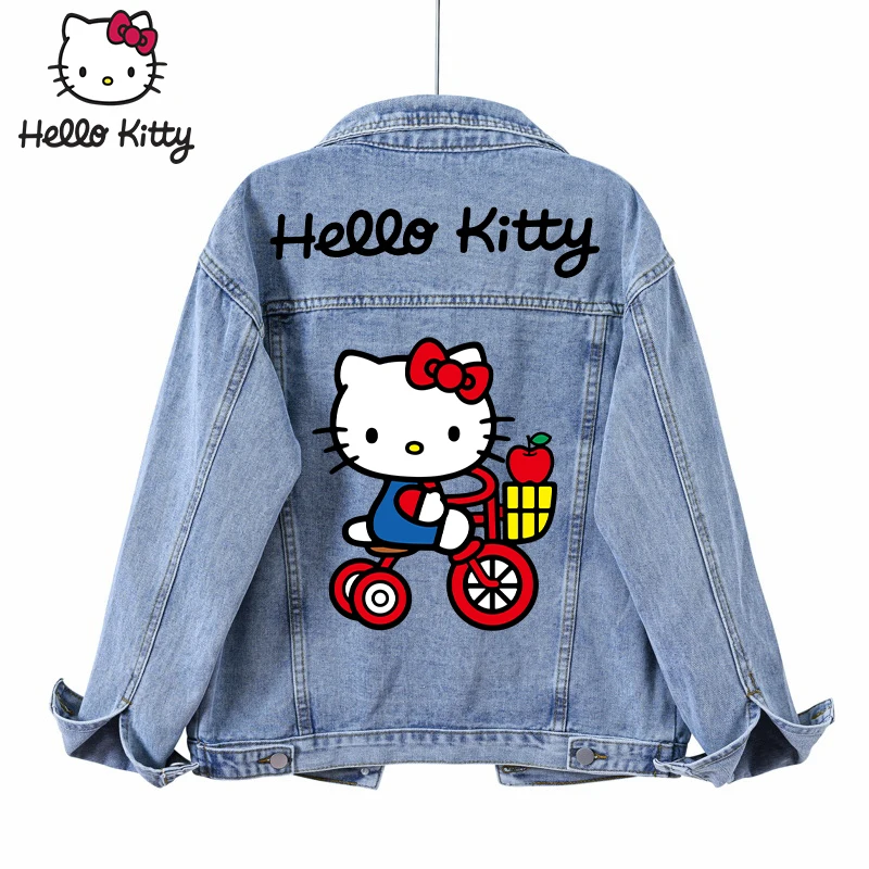 Sanrioed Y2K Hello Kitty Denim Jacket Kawaii Anime Figure Autumn Spring Large Size Coat Student Retro Loose Tops Trend Harajuku