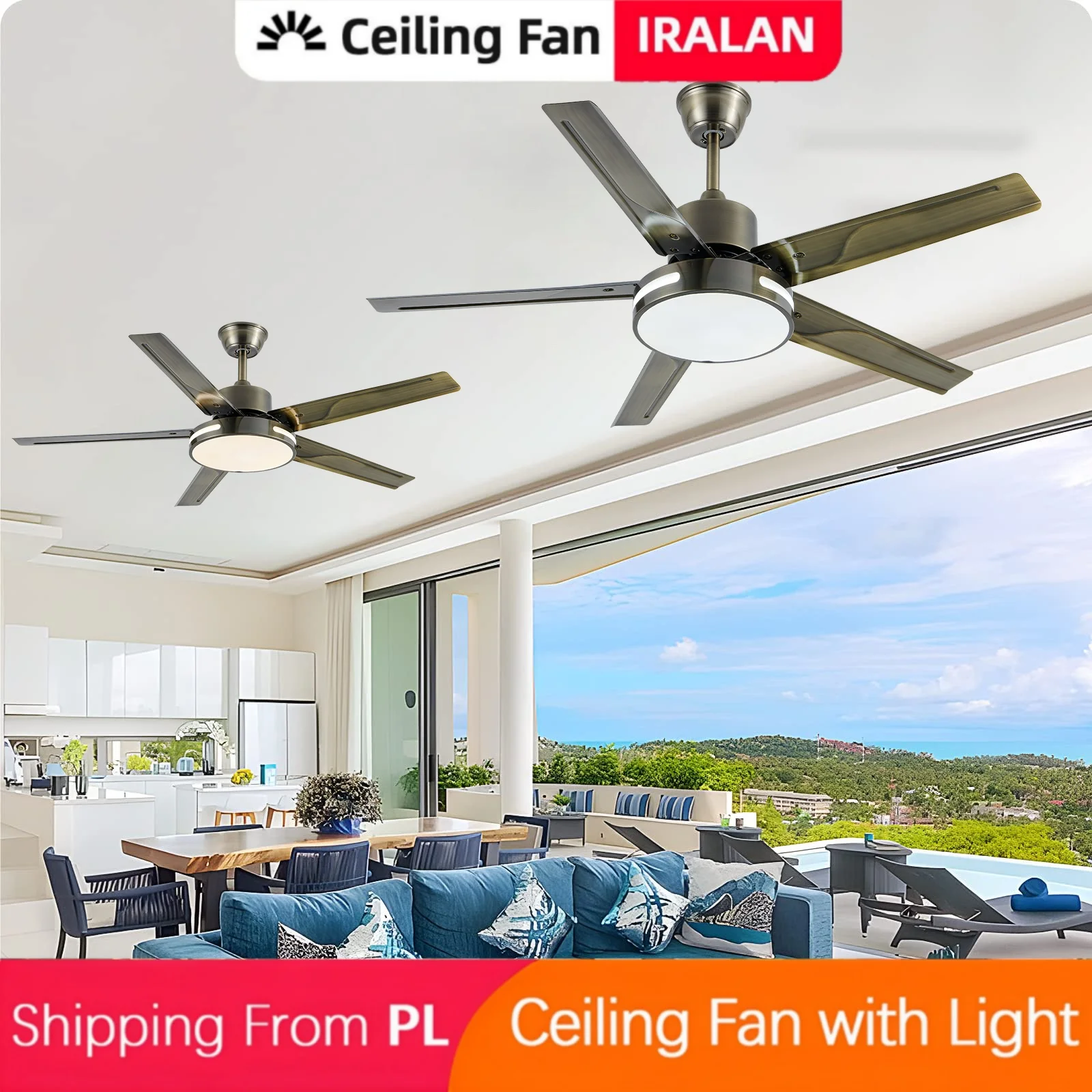 Ventilateur de plafond réversible IRALAN 132CM avec trois lumières, ventilateur de circulation d'air pour la maison, le salon, le couloir, le balcon