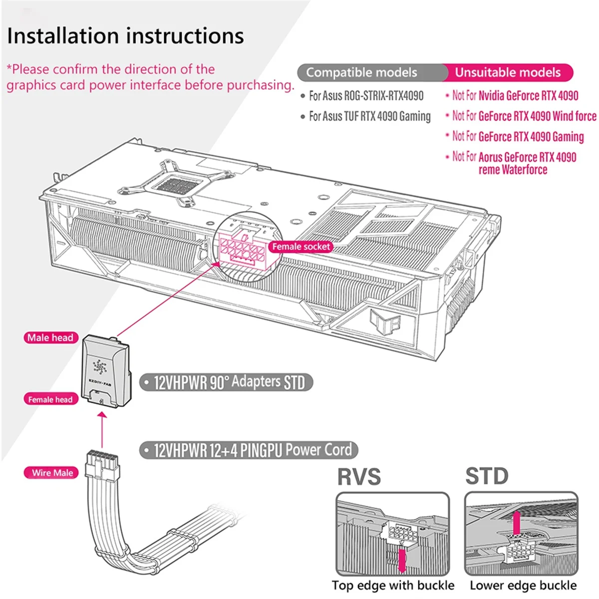 موصل إمداد الطاقة 16Pin(12+4PIN) ATX3.0 12VHPWR 450W بطاقة الرسومات GPU 90 درجة محول لـ RTX4090 أسود RVS