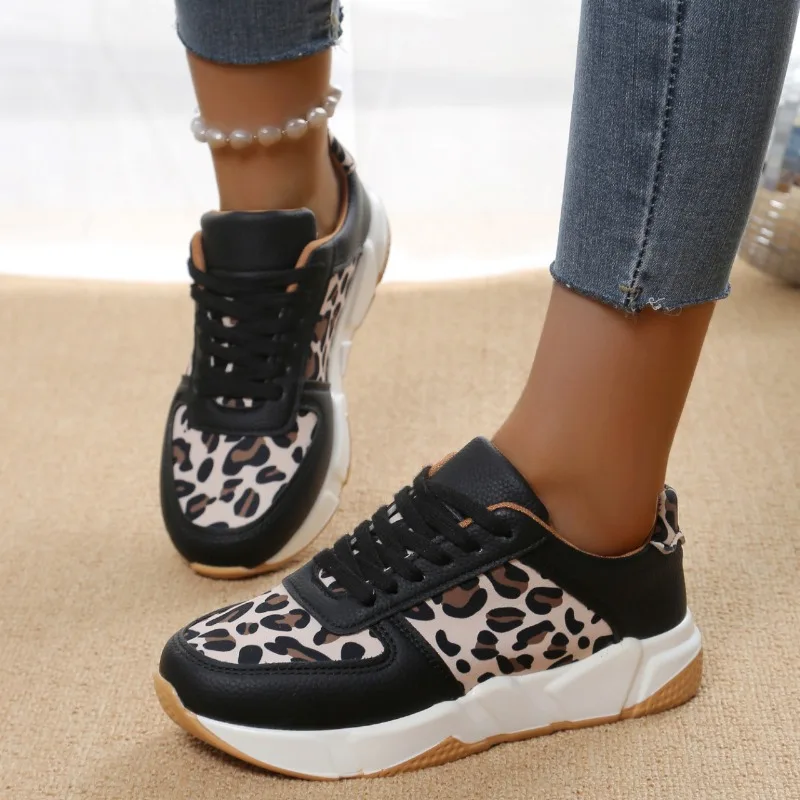 Platform Sneakers Woman Round Toe Low-top Leopard Wedge Shoes Women's Size 43 Lace Up Casual Walking Jogging Sports Trainers