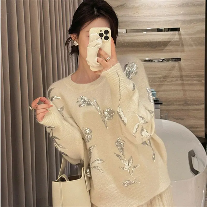 ​ ​ 詳細な花柄レーススパンコール刺繍セーターソフトニットプルオーバーレディース秋冬 ​ ​