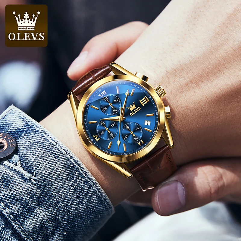 OLEVS Quartz Mens Watches Fashion Three Eyes Multifunction Dial Luminous Watch Luxury Gold Plated Case Men Clock 30M Waterproof