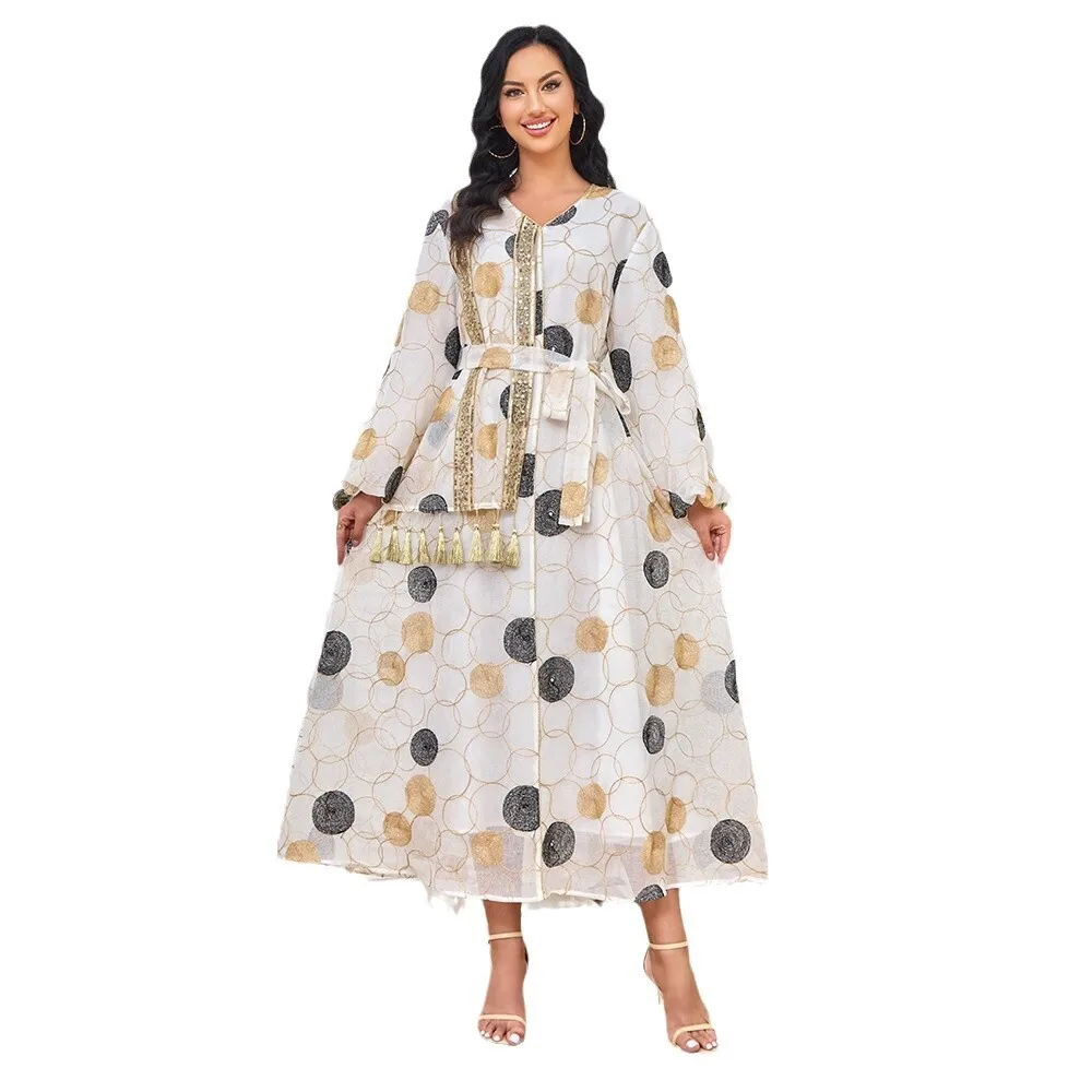 Robe feminino novo grande lantejoulas borla pingente vestido muçulmano robe feminino saia longa abayas