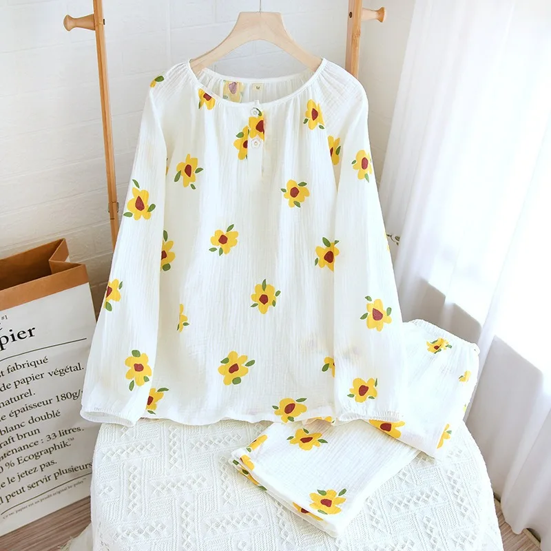 2023 New Spring and Autumn Women\'s Pajama Set 100%Cotton Crepe Pullover Long Sleeve Pants Two Piece Loose Floral Home Clothing