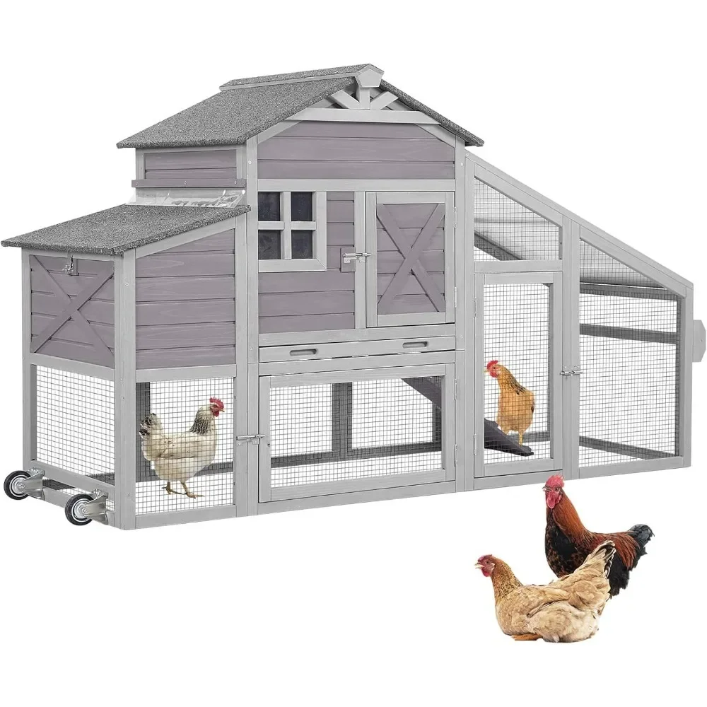 Chicken Coop, 73 in, Outdoor Wooden Poultry Cage with Wheels, Leak Proof Pull Out Tray and UV Protection, Portable Chicken Coop