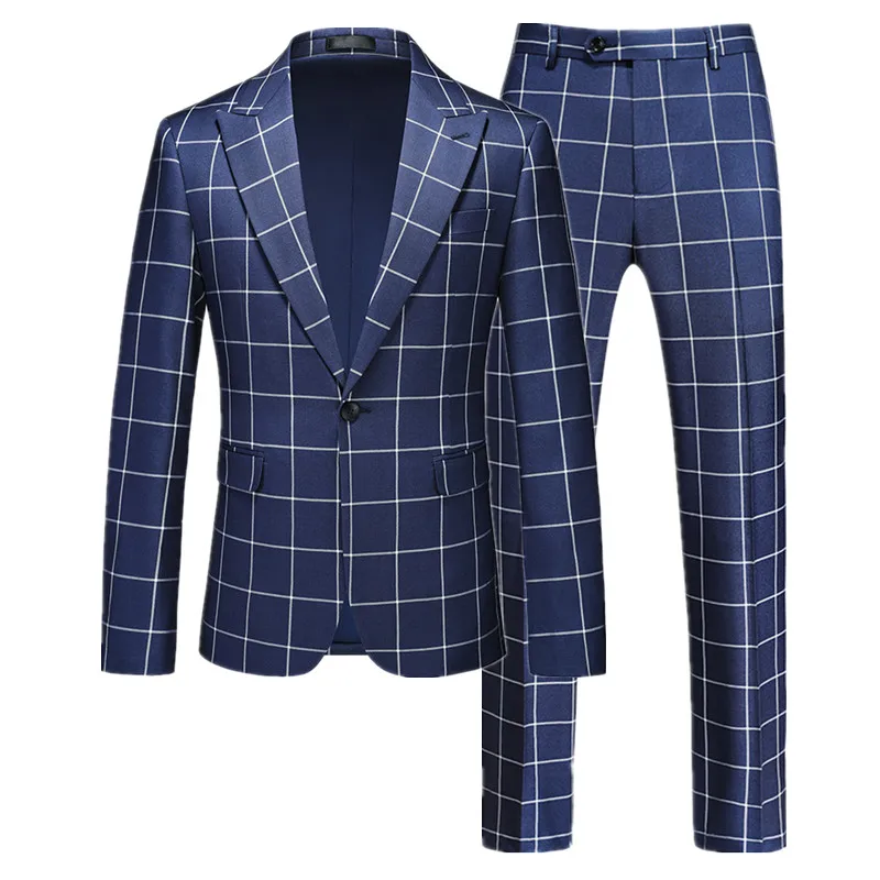 (Jacket+Pants) Fashion Men Simple Checkered Business Social Suit 2 Piece Classics Male Wedding Tuxedo Dress Single Breasted Set