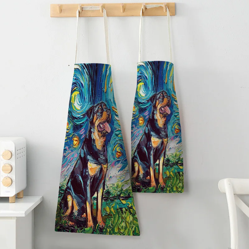 Oil Painting Style Apron Starry Sky Background Dog Creative Cotton Linen Parent-child Apron Kitchen Household