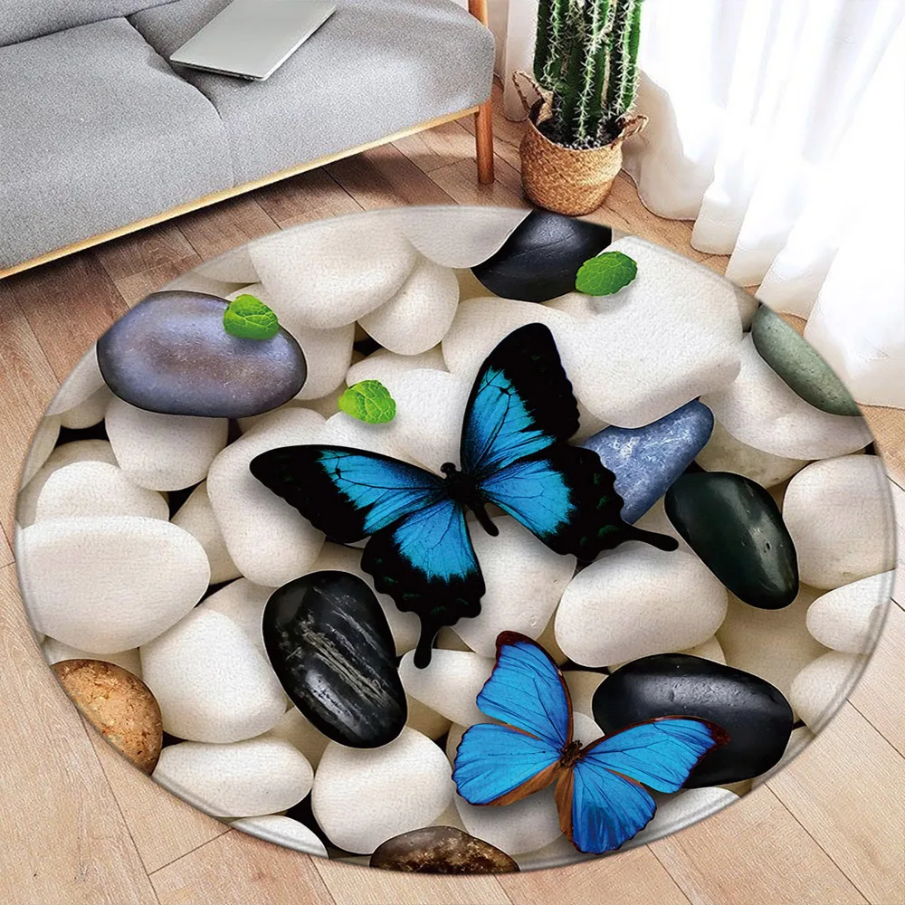 Blue Butterfly Round Carpet Black and White Pebble Pattern Modern Home Living Room Bedroom Decorative Flannel Mats Floor Rugs